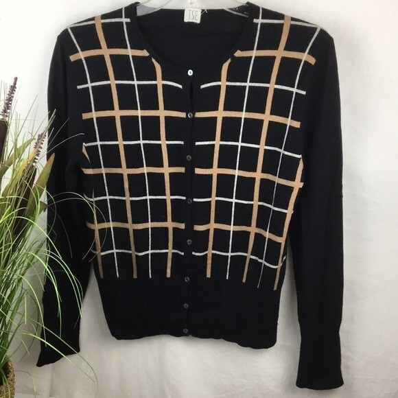 TSE Black & Brown Plaid Print Button Up Fitted Cardigan Sweater L - Picture 1 of 6